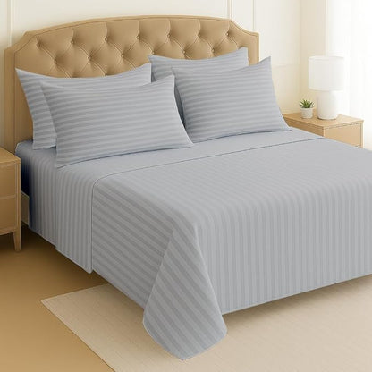 Mattress-Homes Ultra-Soft Breathable, Hotel Luxury Collection, Split King Size 7 Piece Crisp Sheet Set, 100% Egyptian Cotton, Extra Deep Pocket Upto 21", Machine Washable Sheets in Light Grey Stripe