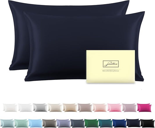 Silk Pillow Cases 2 Pack,Soft Breathable and Sliky Queen Size Pillow Cases Set of 2,Natural Mulberry Silk Pillowcase Set of 2 for Hair and Skin with Hidden Zipper (Navy Blue,20"X 30",2pcs)