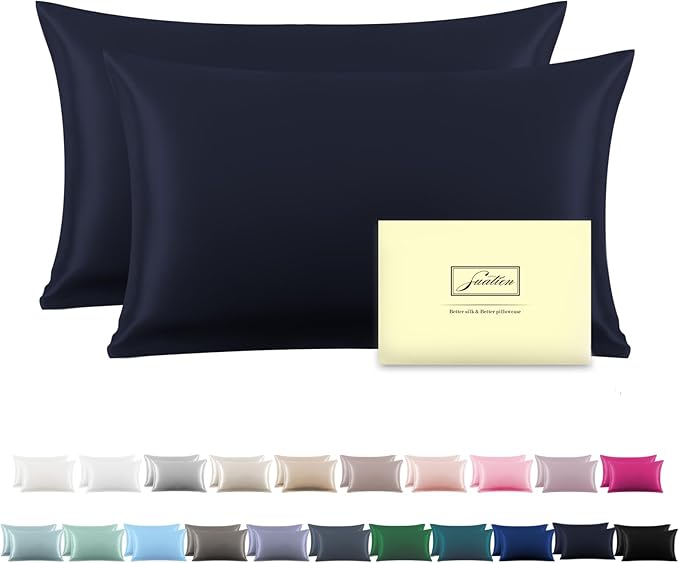 Silk Pillow Cases 2 Pack Soft Breathable and Sliky King Size Pillow Cases Set of 2,Natural Mulberry Silk Pillowcase Set of 2 for Hair and Skin with Hidden Zipper (Navy Blue,20"X 36",2pcs)