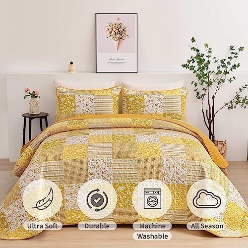 Mybedsoul Boho Quilts Queen Size, Floral Patchwork Fall Bedding Set, Yellow