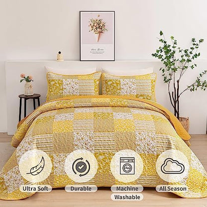 Mybedsoul Boho Quilt King Size, Patchwork Floral Bedding Set, Yellow