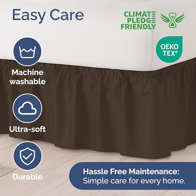 Wrap Around Dust Ruffle Bed Skirt - Brown - for Queen Size Beds with 21 Inch Drop - Easy Fit Elastic Strap - Adjustable Pleated Bedskirt w/Brushed Fabric - Wrinkle Free - for Women, Men, Kids & Teens
