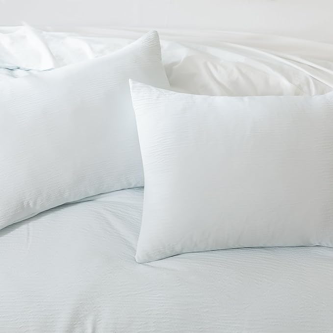 Queen Comforter Set Glacier Blue, 3 Pieces Double-Layer Crinkle Gauze Soft Bedding for All-Season Lightweight Warmth with 2 Pillowcases