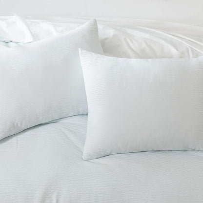 Queen Comforter Set Glacier Blue, 3 Pieces Double-Layer Crinkle Gauze Soft Bedding for All-Season Lightweight Warmth with 2 Pillowcases