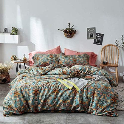 VM VOUGEMARKET Green Gold Duvet Cover Queen,Medallion Paisley Print Bedding Set 400 Thread Count Percale Cotton Vibrant Bohemian Pattern Quit Cover with Zipper Closure