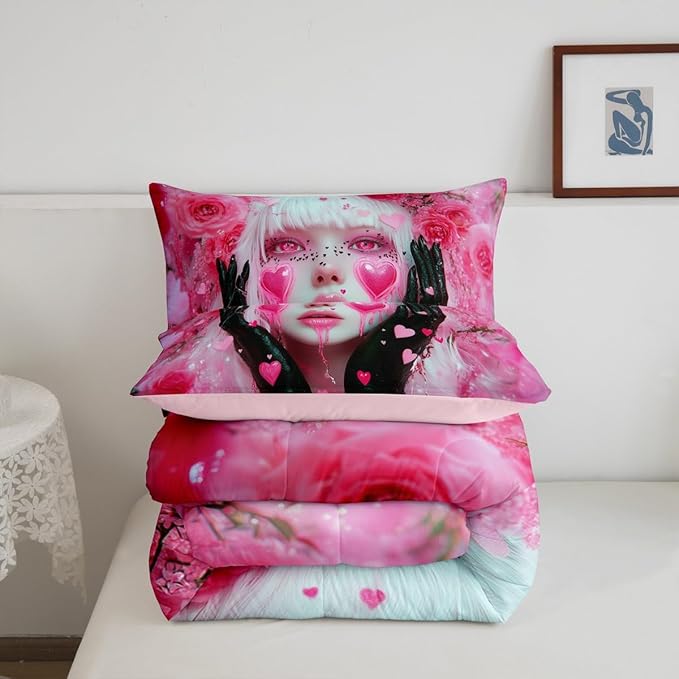 Erosebridal Anime Pink Bedding Kawaii Girl Kids Comforter Sets for Girls Romance Rose Modern Lady Bed Set, Romantic Japanese Girl Down Comforter with Love Hearts Duvet Set Full with 2 Pillowcases