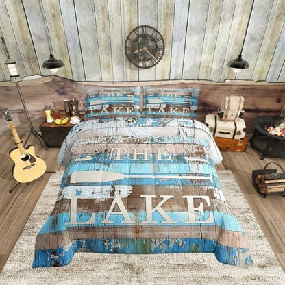 Manfei Lake Camper Comforter Set Full Size, Rustic Farmhouse Style Quilt Set with 2 Pillowcases, Blue Wooden Stripe Print Bedding Set 3pcs for Kids Boys Teens Bedroom Decor, Plank Duvet Set