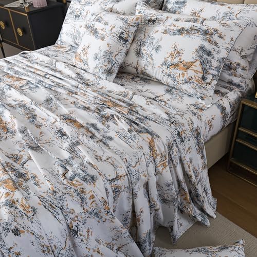 FADFAY Twin XL Toile Sheets Set Dorm Room Essential Bedding 100% Egyptian Cotton Soft Breathable Sheet Classic Black and Gold French Country Vintage Farmhouse Sheet Extra Long for College Bedding 4Pc