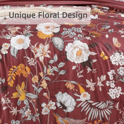 Full Size Comforter Sets- 7 Pieces Red Floral Bed in a Bag Full Bedding Set