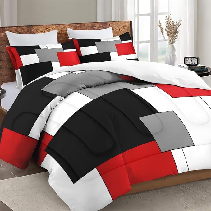 King Size Comforter Set with 2 Pillowcases, Black White Red Geometric Soft 3 Pcs Bedding for Kids and Adults Bedroom Bed Decor