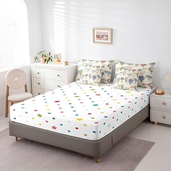 7 Pieces King Size Colorful Hot Air Balloon Comforter Set,Modern Sketch Bedding Set for Kids Room Decor,Retro Geometric Lines (Comforter+Fitted+Flat Sheet+2 Pillowcases+2 Throw Pillow Covers）