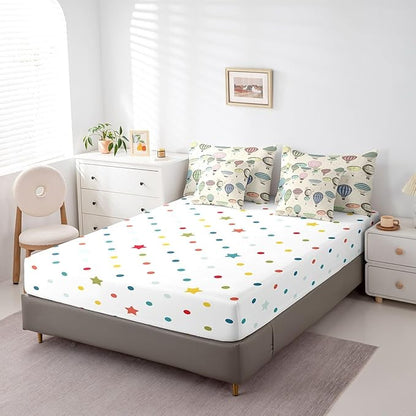 7 Pieces King Size Colorful Hot Air Balloon Comforter Set,Modern Sketch Bedding Set for Kids Room Decor,Retro Geometric Lines (Comforter+Fitted+Flat Sheet+2 Pillowcases+2 Throw Pillow Covers）