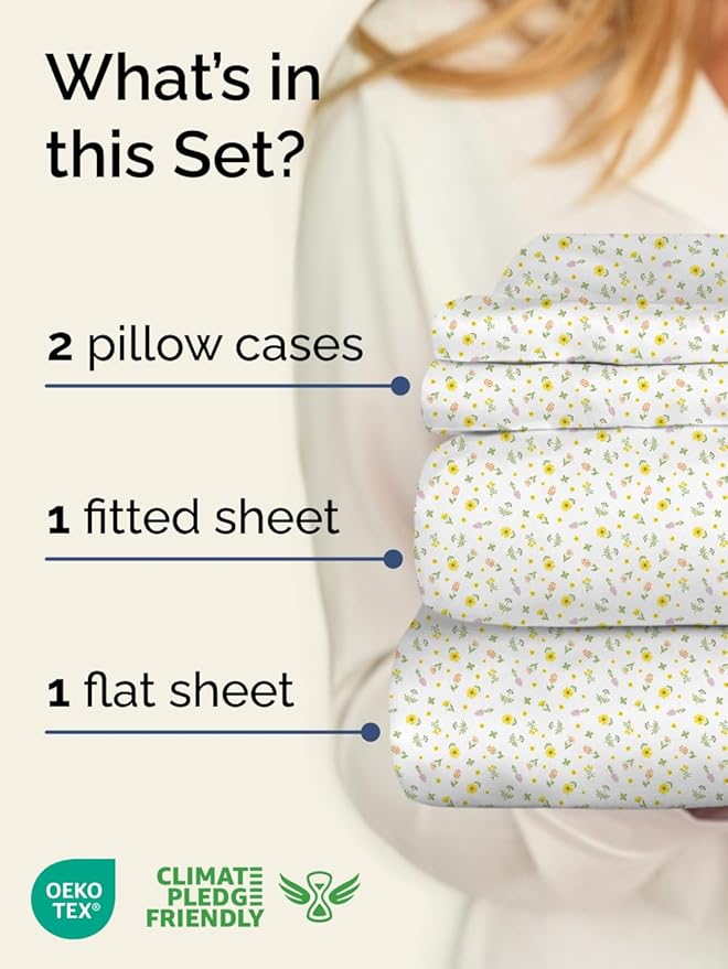 Floral Sheets - Flower Print Bed Sheet Set - 1 Flat, 1 Fitted & 2 Pillowcases w/ Deep Pockets - Comfy, Cozy, Wrinkle & Fade Free - Boho Botanical Bedding - Soft, Breathable & Cooling - Full Size Set