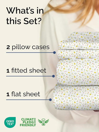 Floral Sheets - Flower Print Bed Sheet Set - 1 Flat, 1 Fitted & 2 Pillowcases w/ Deep Pockets - Comfy, Cozy, Wrinkle & Fade Free - Boho Botanical Bedding - Soft, Breathable & Cooling - Full Size Set