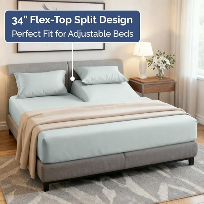 Flex Top Split Head King 4 Piece Sheet Set - Comfy Breathable & Cooling Bed Sheets Set - Hotel Luxury Bedding for Women, Men, Kids, Teens, Boys & Girls - Deep Pockets, Ultra-Soft - Oeko-Tex - Ice Blue