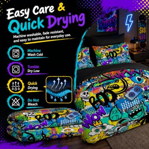 AILONEN Boys Kids Comforter Set Queen,7-Piece Cartoon Hip Hop Skull Bed in a Bag Printed Bedding Set,Colorful Graffiti Soft Comforter & Fitted Sheet & Flat Sheet & 2 Pillowcases,2 Pillow Shams,Black