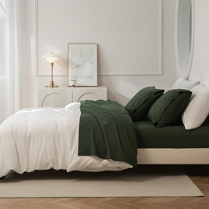 JIYUAN California King Size Sheet Set, 4-Piece - 100% Washed Cotton, Linen-Like Soft & Breathable, Includes Deep Pocket Fitted & Flat Sheet with 2 Pillowcases, Hotel Quality, Solid Forest Green