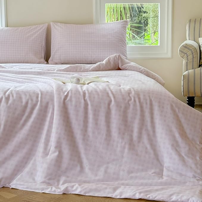 NSNLGSGC Pink Gingham Cotton Comforter Set King, 100% Washed Cotton Red Plaid Checked Comforter Bedding, 3 Pieces Vintage Farmhouse Grid Bedding Set(Pink Gingham, King)