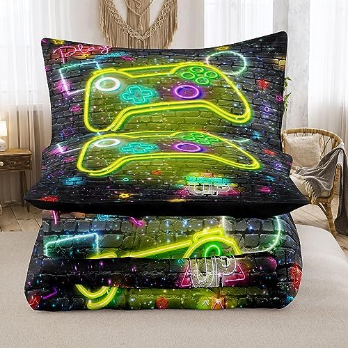 NINENINE Gaming Bedding 5PCS Queen Size Comforter Sets for Boys,Gaming Bedding Sets for Boys Black Comforter Sheet Set(1Comforter, 1Flat Sheet, 1Fitted Sheet, 2Pillowcases)…