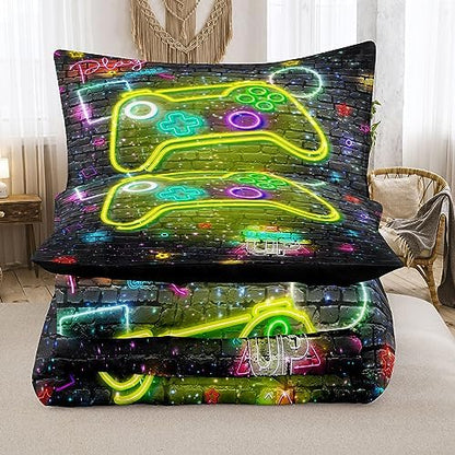 NINENINE Gaming Bedding 5PCS Queen Size Comforter Sets for Boys,Gaming Bedding Sets for Boys Black Comforter Sheet Set(1Comforter, 1Flat Sheet, 1Fitted Sheet, 2Pillowcases)…