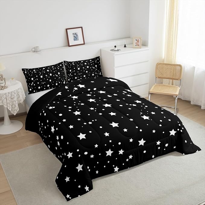 Starry Sky Comforter Set King Size Galaxy Star Bedding Set for Kids Boys Girls, Outer Space Down Comforter, Black and White Geometric Polka Dots Quilt Set Warm Soft Bedroom Decor 2 Pillow Cases