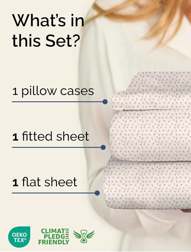 Floral Sheets - Flower Print Bed Sheet Set - 1 Flat, 1 Fitted & 1 Pillowcase w/ Deep Pockets - Comfy, Cozy, Wrinkle & Fade Free - Boho Botanical Bedding - Soft, Breathable & Cooling - Twin Size Set