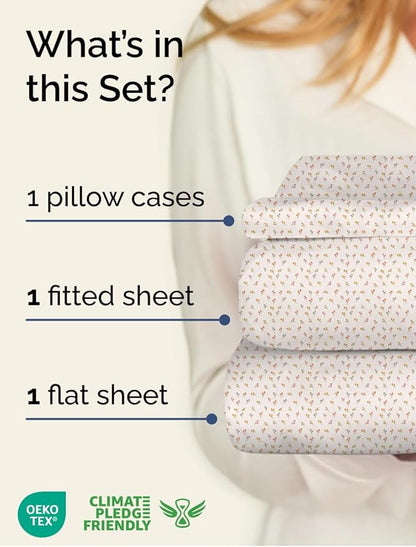 Floral Sheets - Flower Print Bed Sheet Set - 1 Flat, 1 Fitted & 1 Pillowcase w/ Deep Pockets - Comfy, Cozy, Wrinkle & Fade Free - Boho Botanical Bedding - Soft, Breathable & Cooling - Twin Size Set
