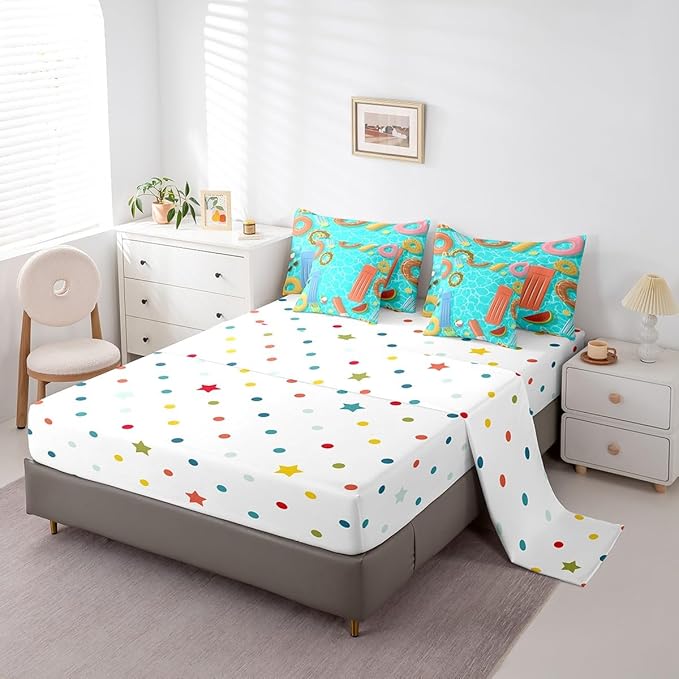7 Pcs Swimming Pool Bedding Sets Cartoon Colorful Swimming Rings Comforter Set for Kids Teens Adults All Season (Comforter Flat Sheet Fitted Sheet 2 Pillowcases 2 Throw Pillow Covers) Queen