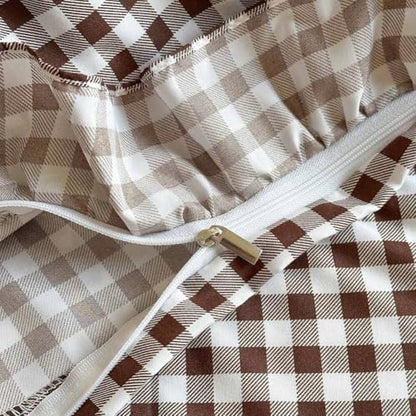 NSNLGSGC Mocha Gingham Ruffle Queen Duvet Cover