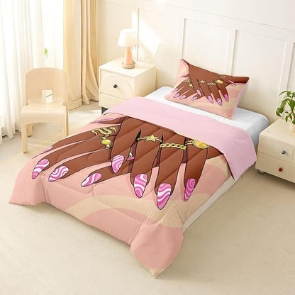 Erosebridal Romantic Makeup Themed Comforter Set Twin Size for Girls Fashion Girlish Quilt Black Girls Bedding Set for Kids Teens Adult Women Bedroom Afro Vogue Princess Magical Down Comforter