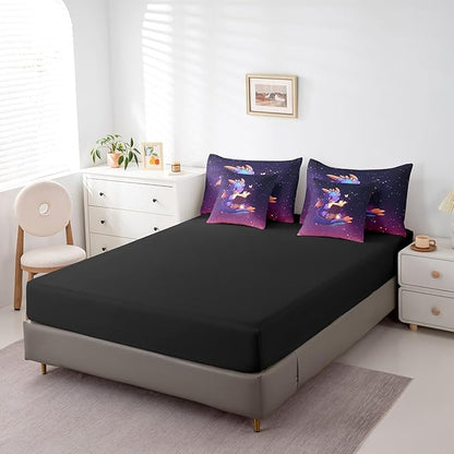 Lovely Dragon Comforter Set 7 Pieces King Size,Purple Black Ombre Galaxy Bedding Set for Kids,Cartoon Western Dragon Animal (Comforter+Fitted+Flat Sheet+2 Pillowcases+2 Throw Pillow Covers)