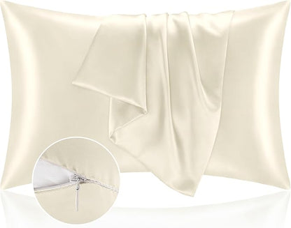 BEDELITE Satin Pillowcase with Zipper, Beige King Size Pillow Cases Set of 2, Super Soft and Cooling Similar to Silk Pillow Cases, Gift for Women Men(20x40 Inches)