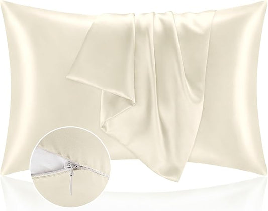 BEDELITE Satin Pillowcase with Zipper, Beige King Size Pillow Cases Set of 2, Super Soft and Cooling Similar to Silk Pillow Cases, Gift for Women Men(20x36 Inches)