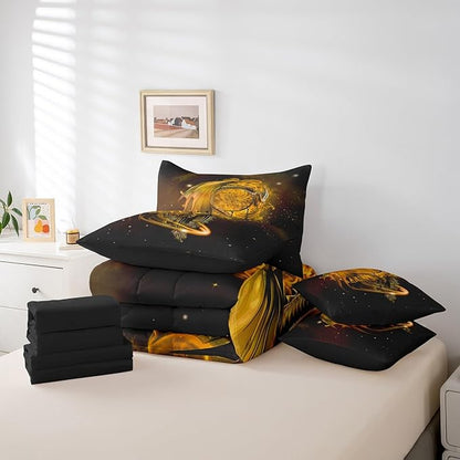 Erosebridal Gothic Dragon Dream Catchers Comforter Set 7 Piece Bed in a Bag Twin,Yellow Galaxy Bohemian Feather Bedding Sets Antique Animal Pterosaur Sheet Set with Comforter