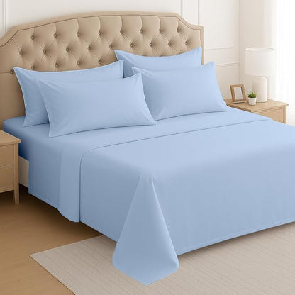 Mattress-Homes Extra Deep Pocket 6 Piece Queen Sheet Set, Hotel Luxury Collection, 100% Egyptian Cotton, 21" Deep Fitted Sheet, Soft, Cool & Breathable Bedding with 4 Pillowcases in Light Blue Solid