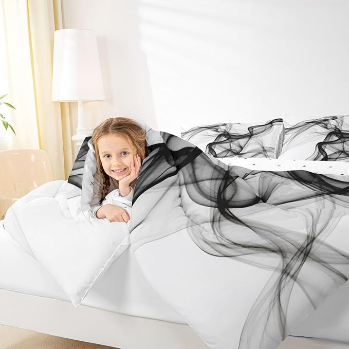 Erosebridal Geometric Quilt Insert Twin Size Ink Line Bedding Set for Minimalists Gradient Stripe Aesthetic White Comforter Warm Soft Comforter Set