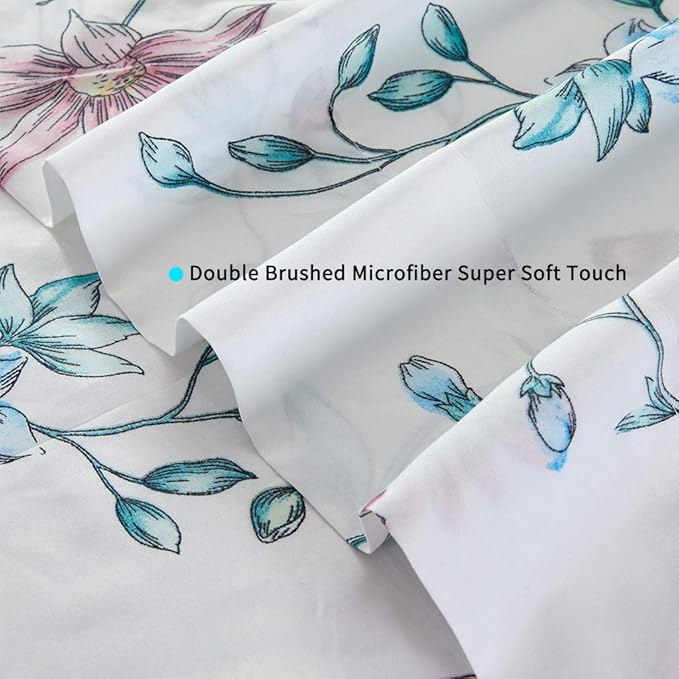 JSD White Blue Floral Printed Sheet Set King Size, 4 Piece Botanical Microfiber Sheets Extra Deep Pocket