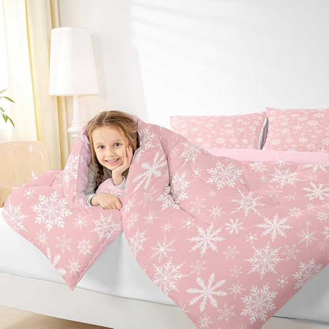 Erosebridal Pink Christmas Comforter Set King Girly Romantic Snowflake Duvet Insert Princess Winter Quilt Girls Modern Style Bedding Set Bedroom Decor Pink Floral Bedding Set & 2 Pillowcases