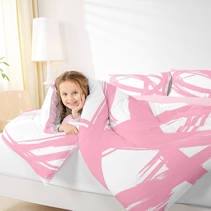 Erosebridal Pink and White Abstarct Queen Comforter Set for Adult Women Men, Geometric Striped Bedding Set for Minimalists,Graffiti Aesthetic Lines Quilt,Contemporary Boho Modern Art Duvet Insert