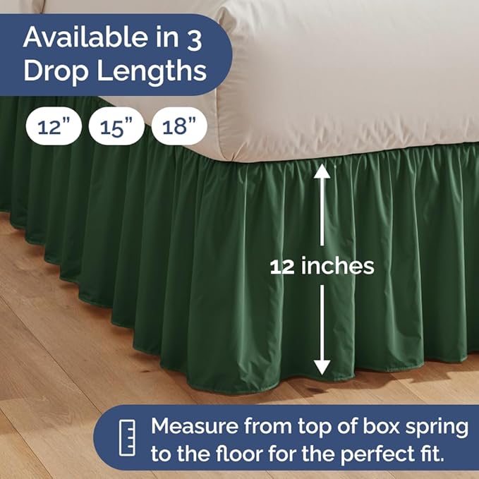 Bedskirt King Size Ruffle - 12 inch Drop Dust Ruffle Bed Skirt with Platform - Soft, Easy Fit, Premium Hotel Quality - Wrinkle, Fade & Shrink Resistant - For Women, Men, Kids and Teens - Emerald Green
