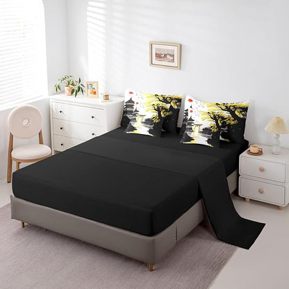 Erosebridal Japanese Queen Bed in A Bag with Sheets Sun Cherry Blossom Comforter Set 7 Piece Black Gold Pavilions Mountain Floral Bedding Set for Kids Adults Chinese Ink Anime Sheet Set