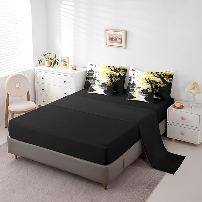 Erosebridal Japanese Twin Bed in A Bag with Sheets Sun Cherry Blossom Comforter Set 7 Piece Black Gold Pavilions Mountain Floral Bedding Set for Kids Adults Chinese Ink Anime Sheet Set