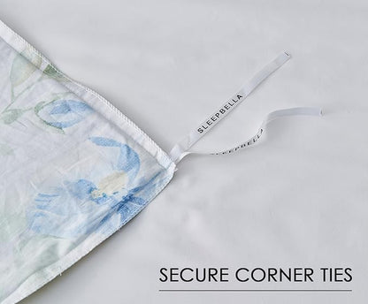 SLEEPBELLA Duvet Cover King, 600 Thread Count Cotton 3pcs Bedding Set Blue Flowers and Green Leaves Printed on White Reversible Comforter Cover