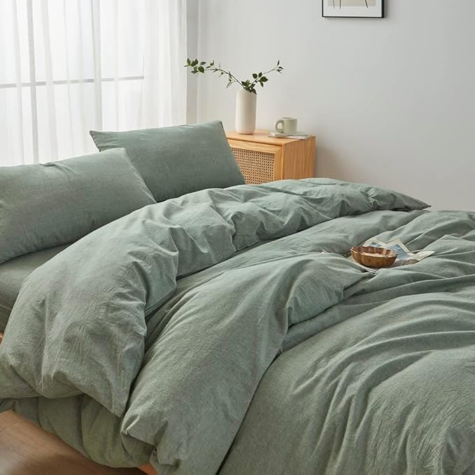 FACE TWO FACE Bedding Duvet Cover Set100% Washed Cotton Duvet Cover Linen Like Textured Breathable Durable Soft Comfy (Full, Reversible Green)