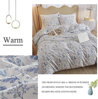 LifeTB Boho Floral Duvet Cover King Soft Cotton Blue Floral Bedding Sets Vintage Style Chic Flower Botanical Comforter Cover Aesthetic Floral Bedding Sets Cotton King Duvet Cover with Zipper Closure