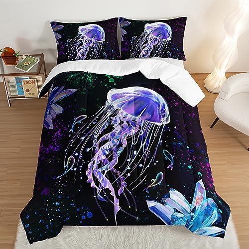 HOSIMA Ocean Theme King Size Comforter Set 3 Piece,Deep Sea Treasure Crystals Jellyfish Comforter Preppy Bedding Set,Dreamy Marine Life Colored Ink Comforter Galaxy Bedding.