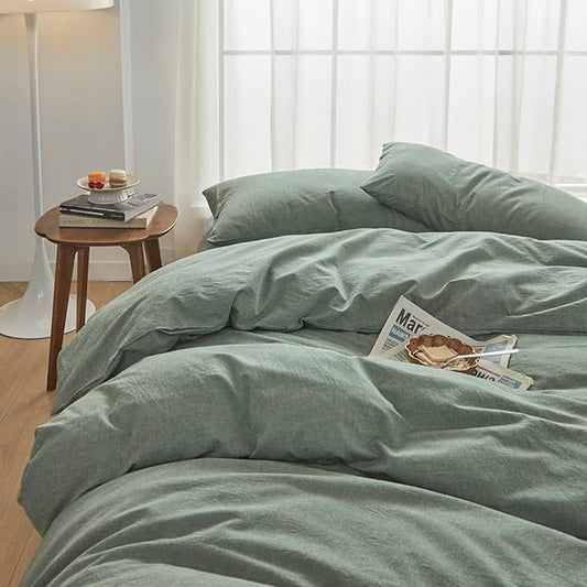 FACE TWO FACE Bedding Duvet Cover Set100% Washed Cotton Duvet Cover Linen Like Textured Breathable Durable Soft Comfy (Twin, Reversible Green)