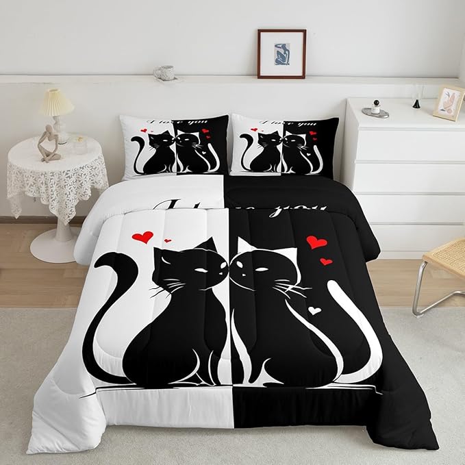 Cats Lovers Bedding Set for Boys Girls,Cute Cat Valentine's Day All Season Cozy Comforter Set Full Size,Black and White Couples Duvet Set Bedroom Décor,Gift for Kids