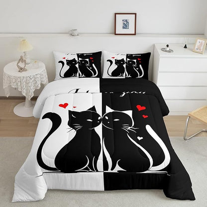 Cats Lovers Comforter Set King,Cute Cat Valentine's Day Bedding Set for Boys Girls Teens Bedroom Decor,Black and White Couples Quilt Set Super Soft Duvet Set,Gift for Her Him