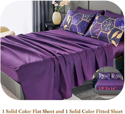 ANGIYUIN 7Pcs Mable Bed in A Bag Purple Gold Queen Comforter Set, 3D Geometric Honeycomb Theme Decor Yellow Leaf Bedding Set, Modern Foil Print Bed Sets with Comforter and Sheets (Purple Queen)